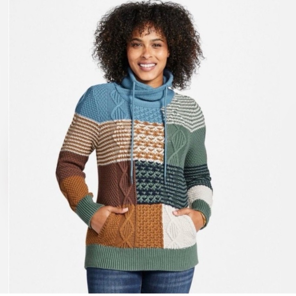 LL Bean Signature Patchwork Cable Knit Cowl Neck Sweater Multicolor Small‎